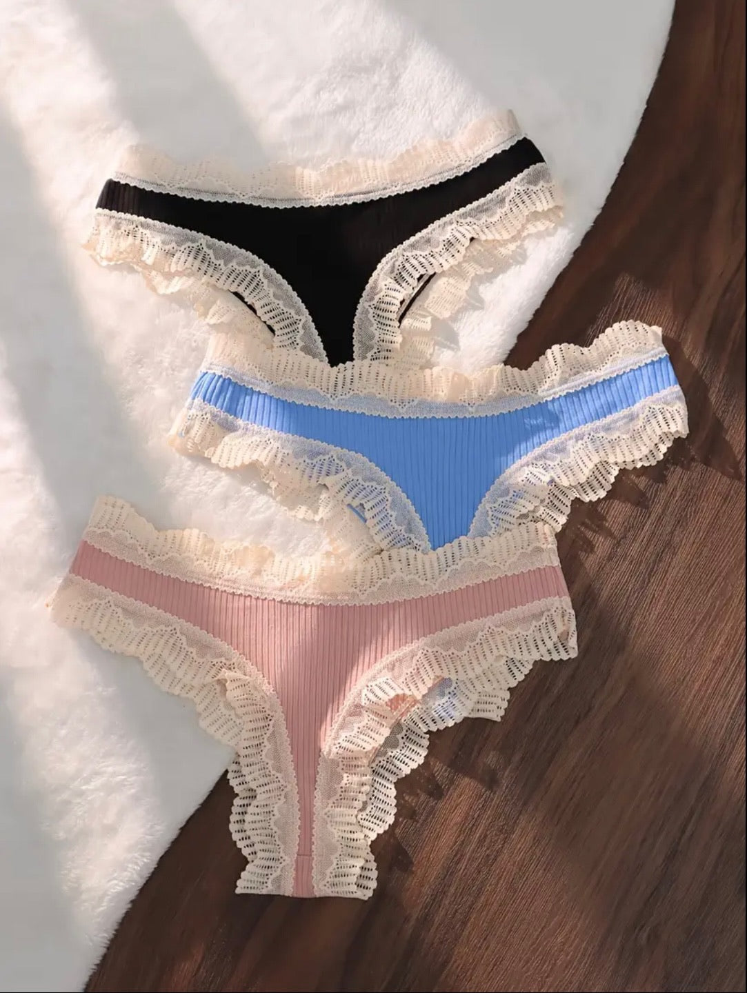3-Pack Lace Underwear β Blue, Pink & Black with Bow Details πβ¨