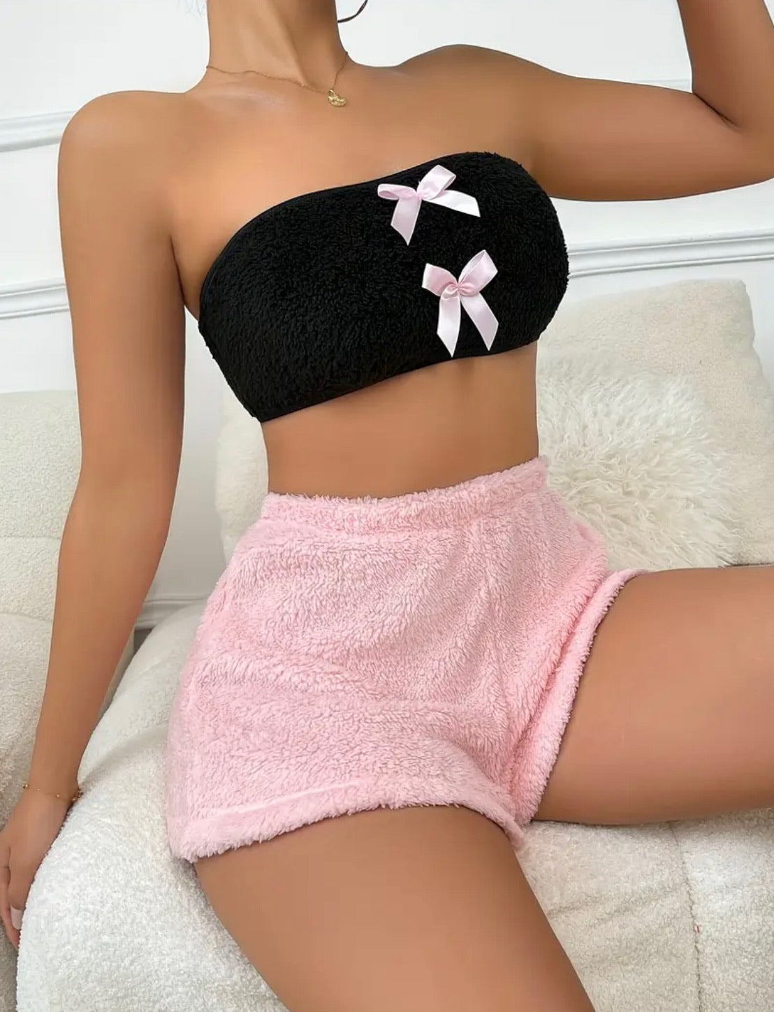 Fuzzy Light Pink Shorts & Fuzzy Black Tube Top with Pink Bows