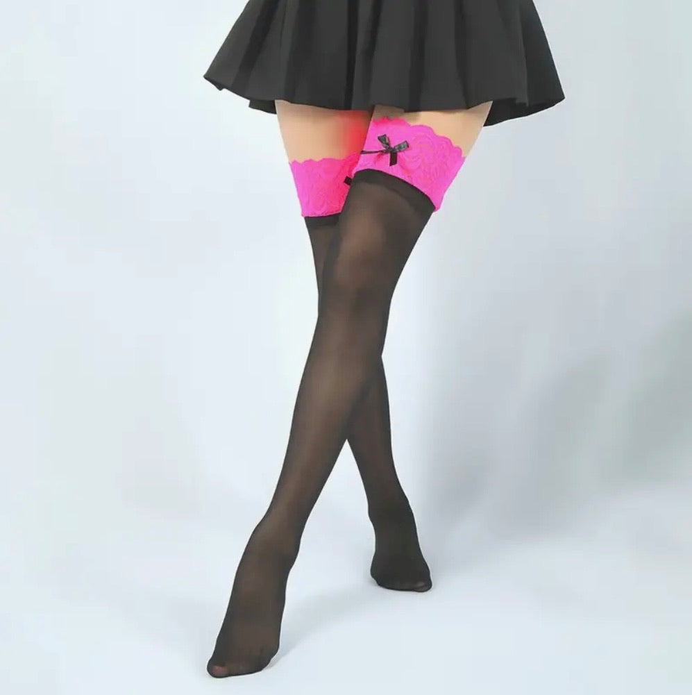 Black Stockings with Hot Pink Upper Band & Black Bow