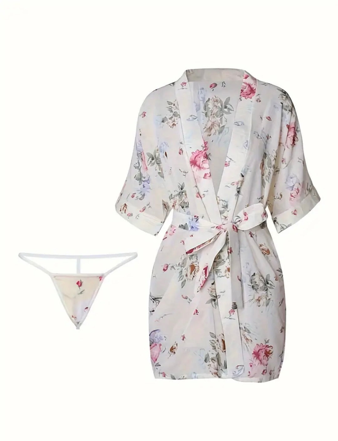 White Floral Robe with Matching Thong