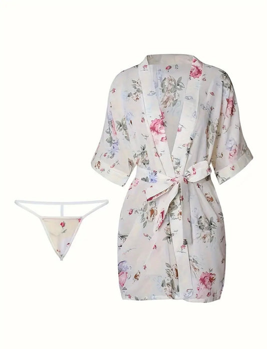 White Floral Robe with Matching Thong