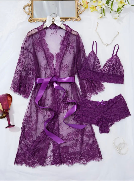 Purple Lace See-Through Lingerie Set